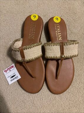 Italian Shoemakers Brown and Cream Beaded Thong Sandals